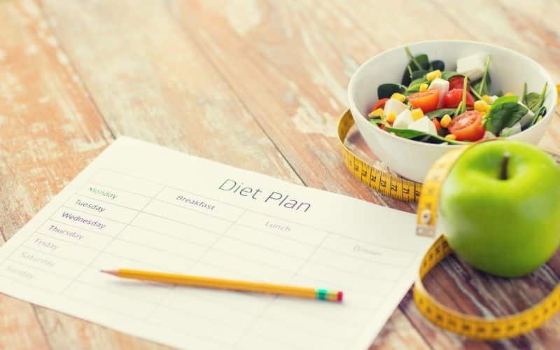 Diet plan and food on table
